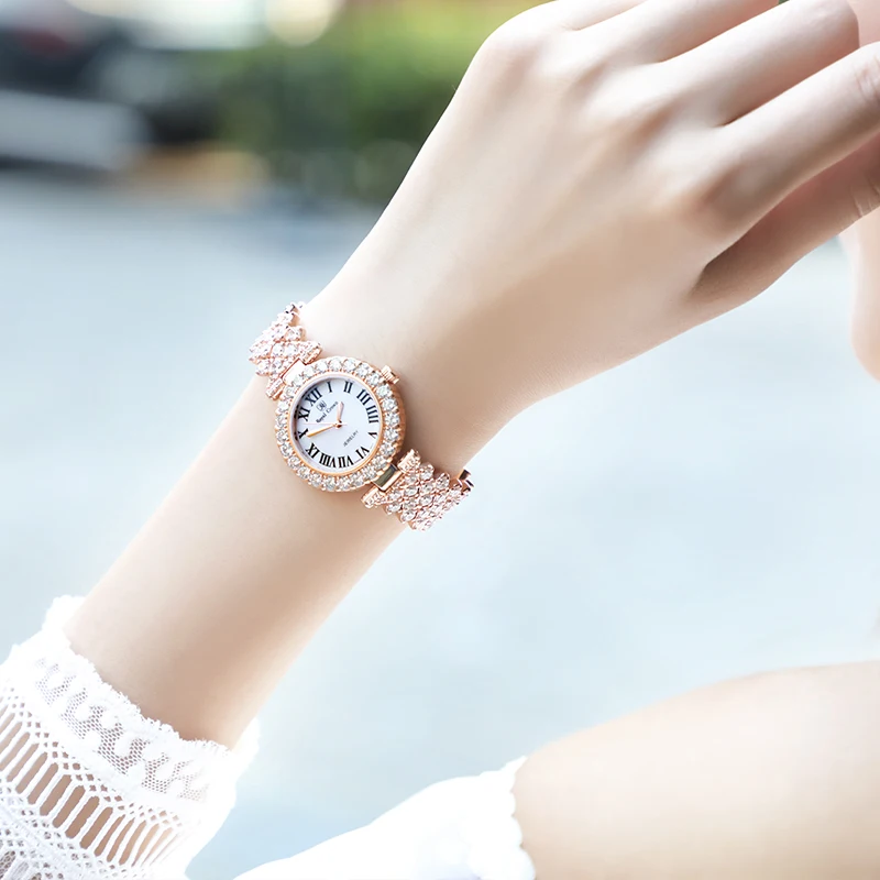 Luxury Jewelry Lady Women\'s Watch Fine Fashion Hours Prong Setting Bracelet Rhinestone Gold Plated Girl Gift Royal Crown Box