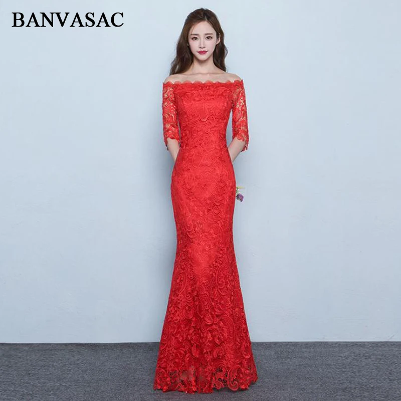 

BANVASAC Boat Neck Lace Embroidery Mermaid Long Evening Dresses Party Hollow Out Half Sleeve Backless Prom Gowns