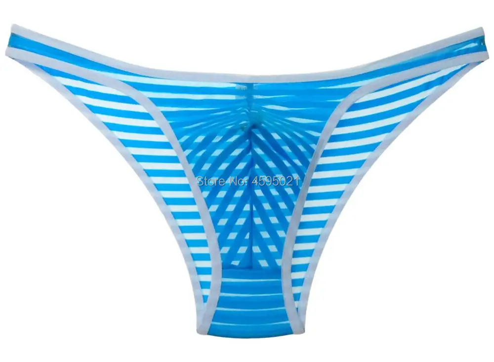 Men\'s Striped Briefs Stretchy Mesh Breathable Translucent U Convex Bikini Brief Pants