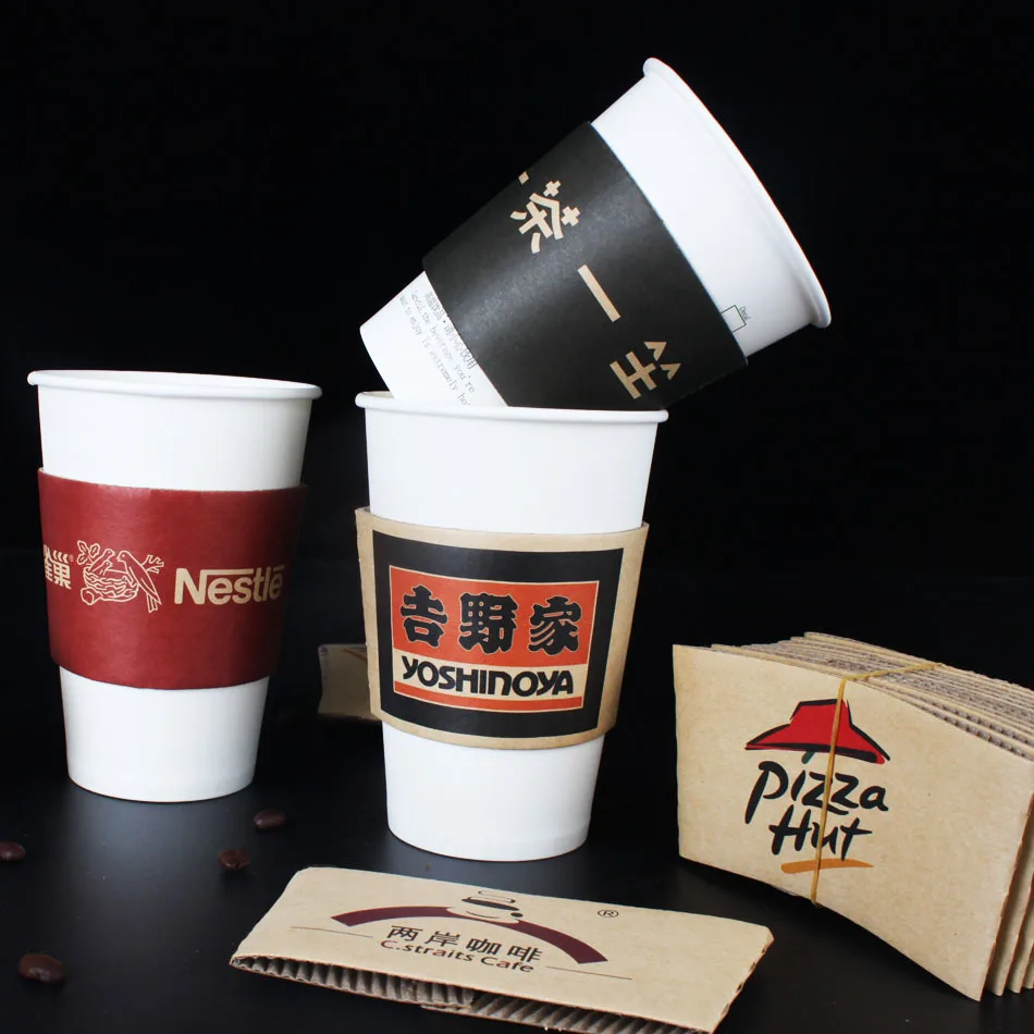 Custom Disposable Cup Sleeve Double-deck Kraft Corrugated Paper Coffee Tea Juice Cup Sleeve Customized Supplier Print Logo