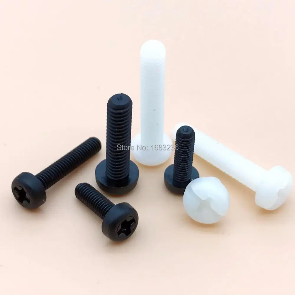 50pcs Brand New M2 M2.5 M3 M4 High Quality Black White Nylon Plastic Phillips Pan Head Cross Round Screw Bolt length 5mm-25mm