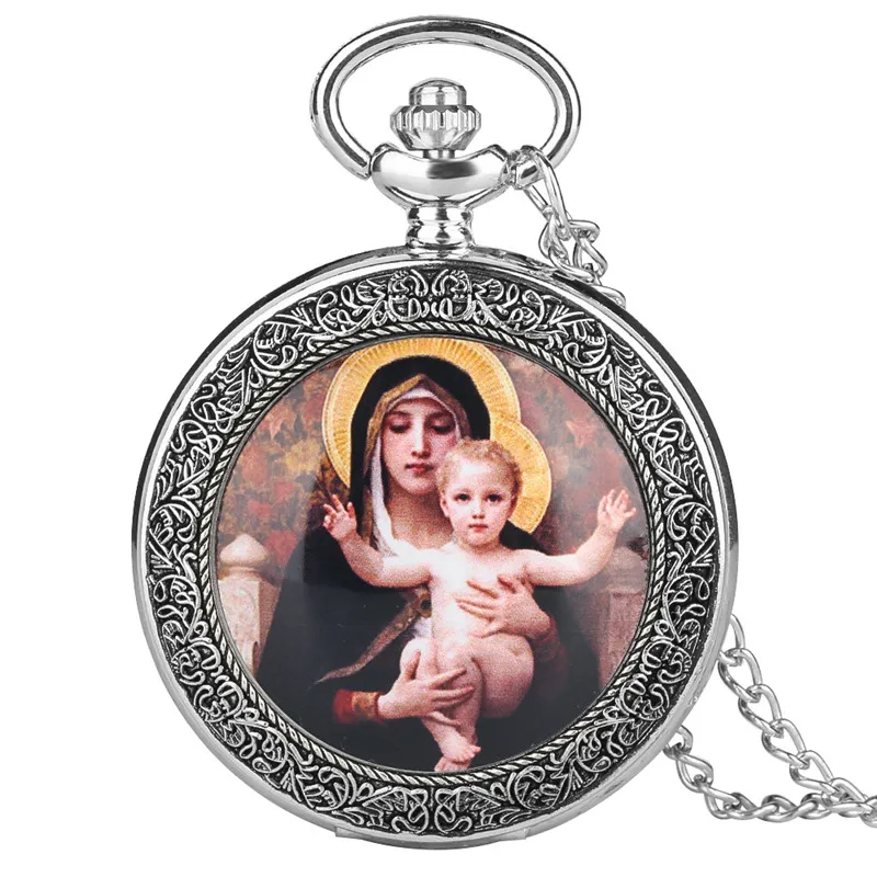 

Quartz Pocket Watch Retro for Women Men Vogue Large Pocket Watches Virgin Mary and Jesus Pattern Gift for Pocket Watch