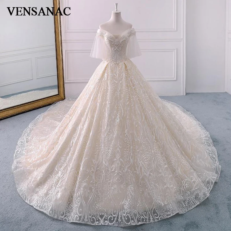 

VENSANAC Pearls Deep V Neck Lace Appliques Ball Gown Wedding Dresses Luxury Chapel Train Backless Bridal Gowns