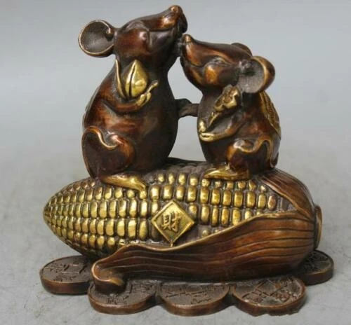 

China Copper Gilt Mouse Mice Hold RuYi Peach Stand Corn Coins Wealth Statue