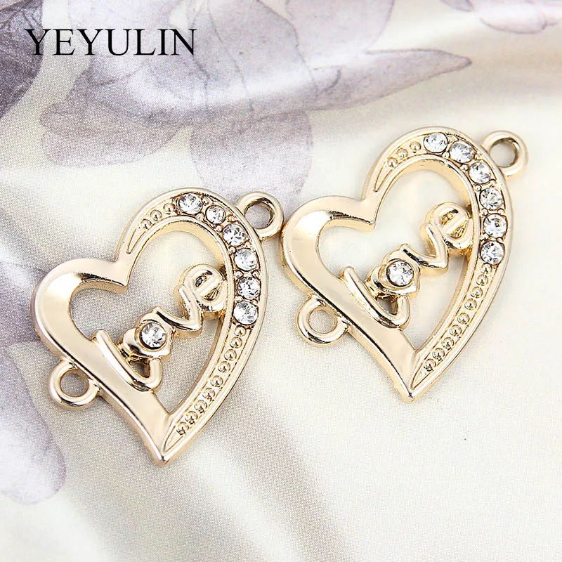 10 Pcs Golden Color Love Heart Shape Alloy  Crystal Connector Bracelet Charm For FIY Fashion Jewelry Making 2.1*2.3cm