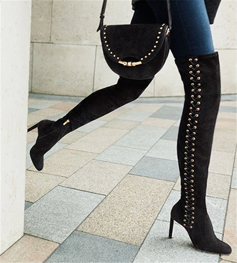 

Sestito Women Round Toe Side Metal Decoration Over-the-knee Boots Ladies Zipper High Heels Long Boots Female Runway Shoes