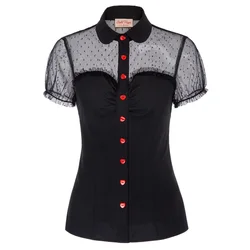 vintage Women shirt Short Sleeve Lapel Collar Red Buttons Mesh Fabric Patchwork blouse party elegant ladies Tops camisas mujer