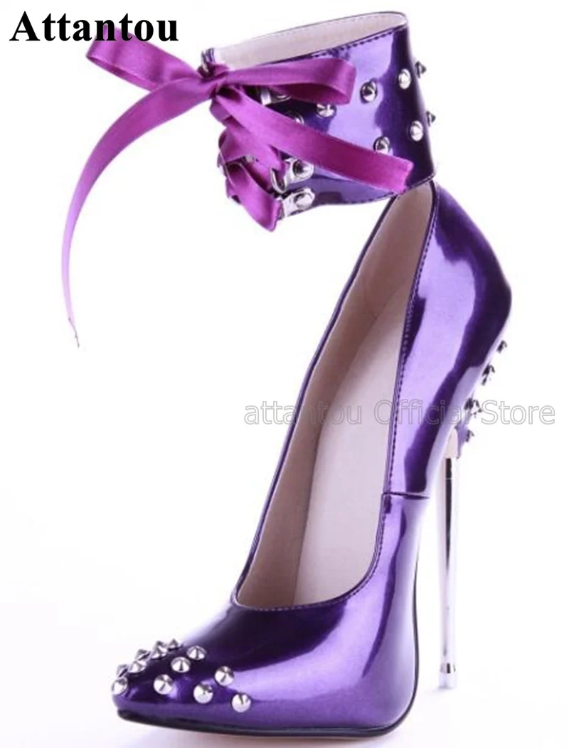 

Sexy Nightclub Dance Shoes Women 16Cm Heeled Super High Heel Pointed Toe Rivet Dress Shoes Purple Black Red Big Size 13