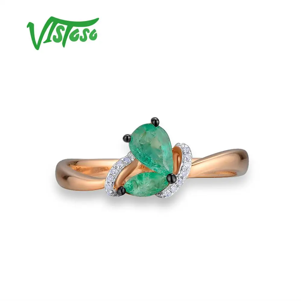 VISTOSO Gold Rings For Women Genuine 14K 585 Rose Gold Ring Magic Emerald Sparkling Diamond Engagement Anniversary Fine Jewelry