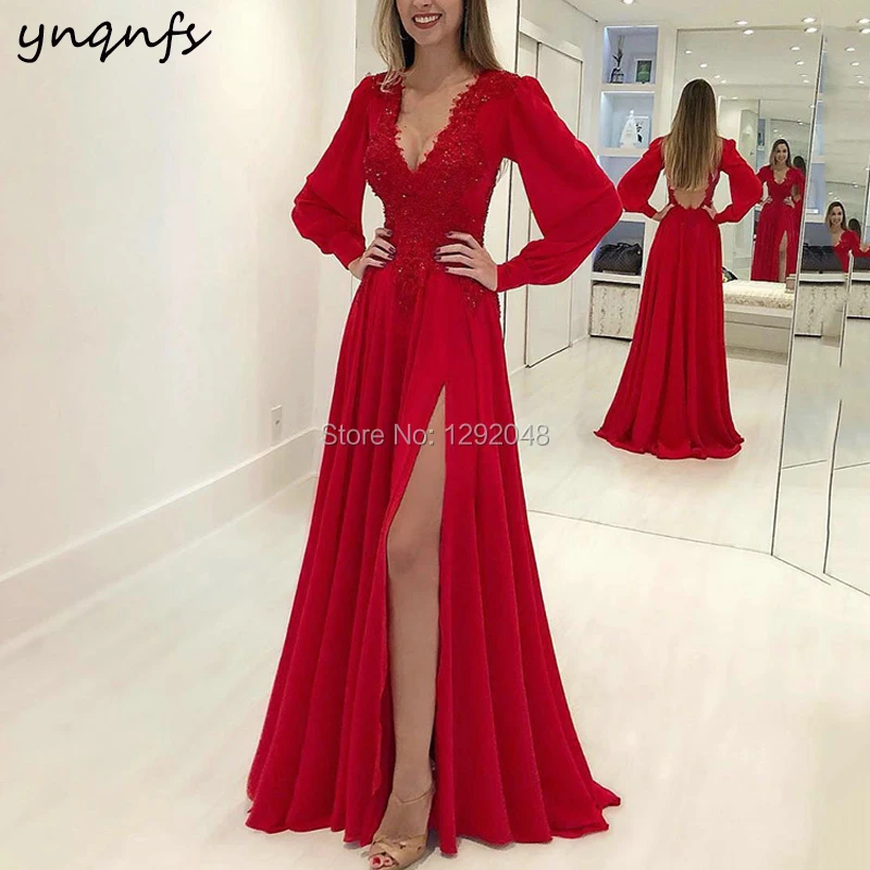 YNQNFS P47 Sexy High Side Leg Slit Keyhole Back Beaded Lace Long Sleeve Red Prom Dresses 2024