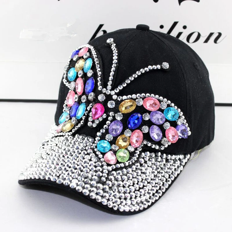 2019 Fall Baseball Cap Women Full Crystal Colorful Big Butterfly Hat Denim Bling Rhinestone Snapback Caps Casquette Summer Hats