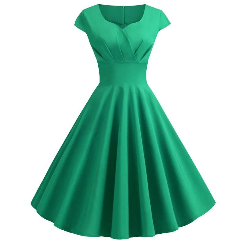 Women\'s Summer Dresses Vintage Elegant V Neck Solid Color Vestido A-Line Pinup Business Party Office Women Flare Blue Dress