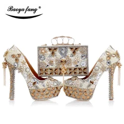 Luxury cyrstal wedding shoes with matching bags woman fashion High heels Women party dress shoes round toe Platform shoes