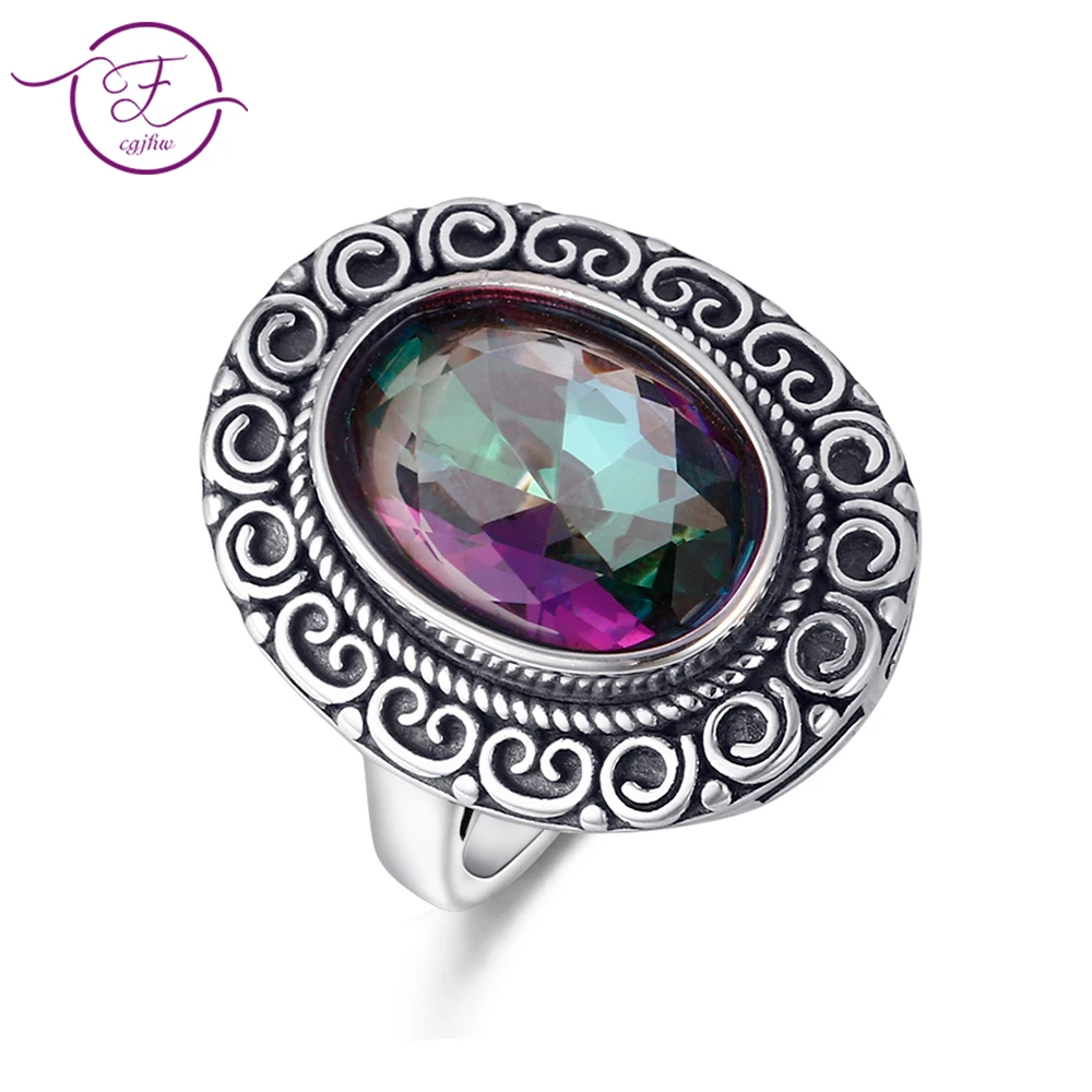 Pierścionek Glamour 10x14MM Tajemniczy Kolorowy Turmalin Damski Srebro S925 Biżuteria Pierścionek Retro Rocznica Impreza Damski