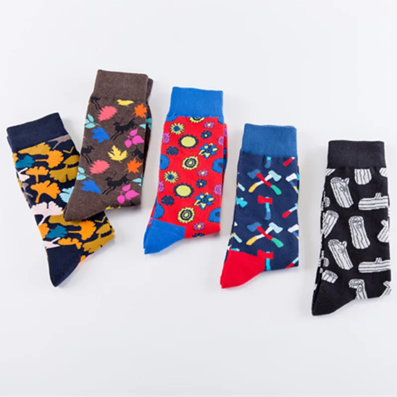 Men Socks Cartoon Deer Flowers Ginkgo Leaf Biloba Stump Ax Fashion Harajuku Hip Hop Male Happy Street Skate Socks Autumn Winter