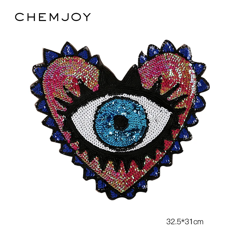 Large Heart with Eye Sequin Patch Sew Applique Embroidered Patches Sew on Sticker for Clothes Garment Coat DIY Accessory Parches