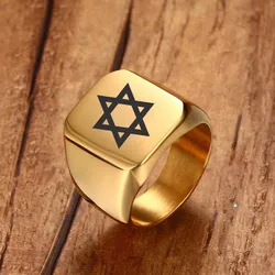 Men Pinky Signet Ring in Golden Stainless Steel with Laser Engraving Star of David Male Jewelry