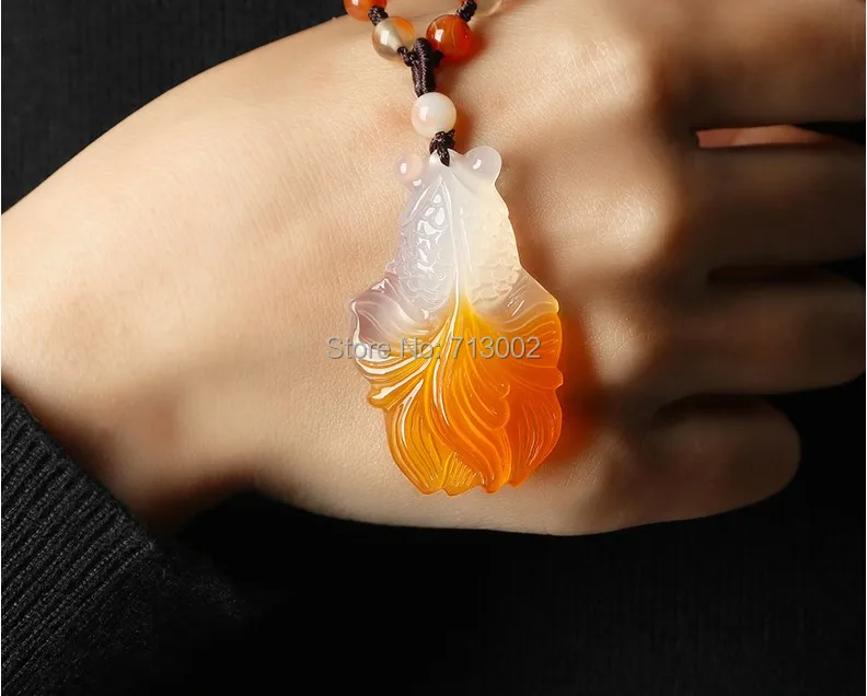 Lucky color chalcedony Carven goldfish Amulet Fish Pendant  jadite Talisman Mala Necklace