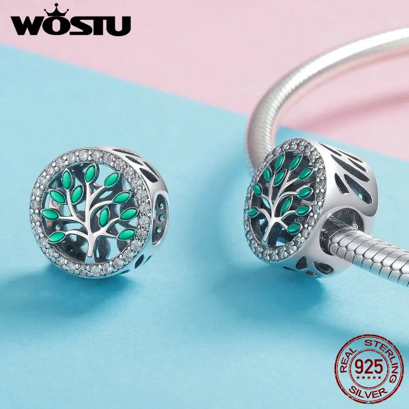 

WOSTU 2019 Fashion 925 Sterling Silver Green Life Tree Beads Fit Charm Bracelet Necklace Pendant For Women Party Jewelry CQC1095