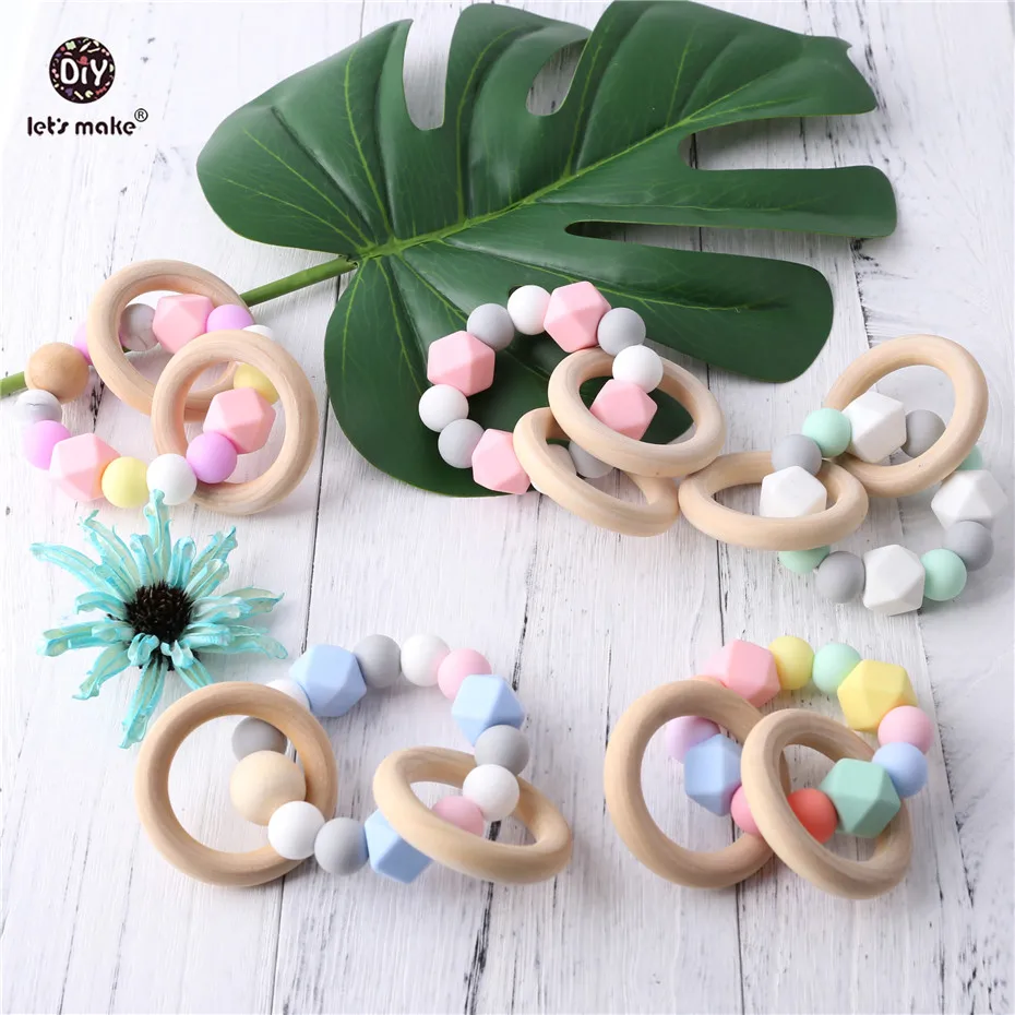 Let's Make Pink Bracelet Teething Wood Ring Baby Rattle Toys Food Grade Silicone Teether DIY Beads Nursing Bracelet Baby Teether