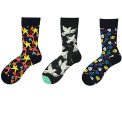 Men Socks Cartoon Flower Pigeon Zebra Stripes Diamond Lattice Stars Happy Funny Hip Hop Harajuku Street Male Skate Cotton Socks