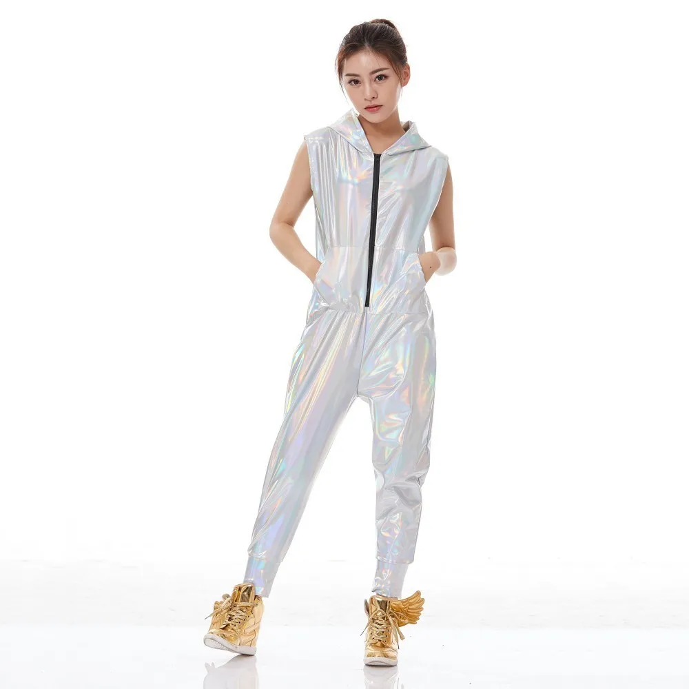 New Fashion Hip Hop Dance Costume Performance Wear European Loose Bright Color Jazz Jumpsuit Fluorescent White One Piece Pants