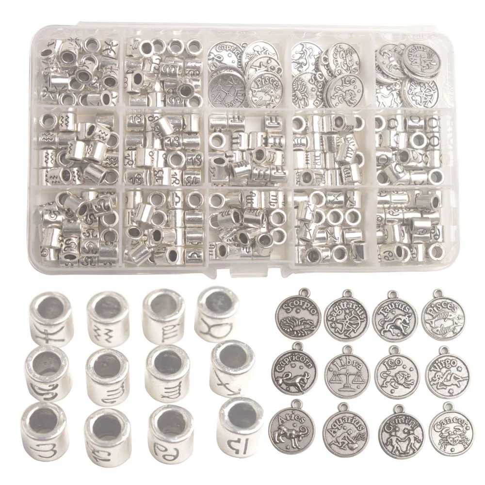 One Box of 264PCS Antiqued Silver Metal Cylinder Zodiac Bead Charms Plus Sign Pendants in Storage