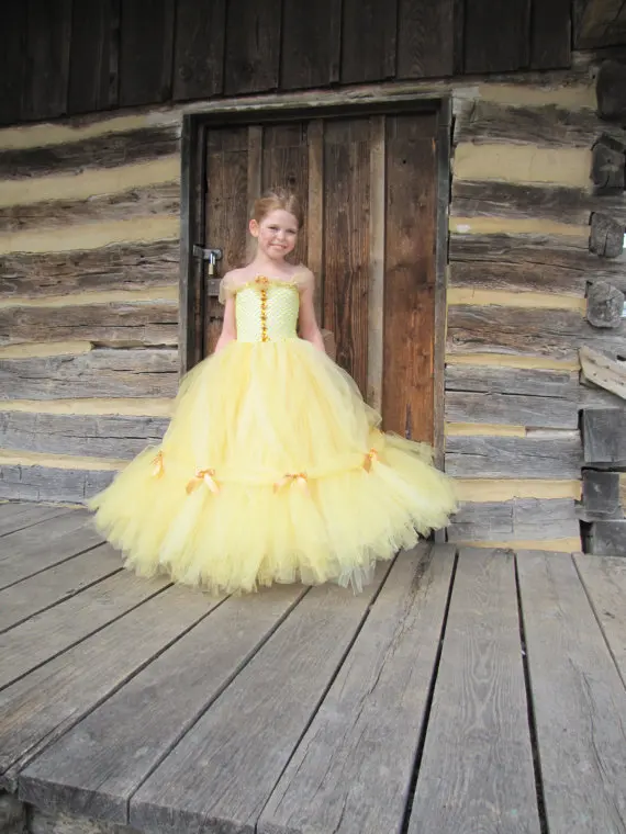 POSH DREAM Beauty and The Beast Belle Princess Girls Cosplay Costume Yellow Gold Belle Princess Children Girls Tutu Dresses