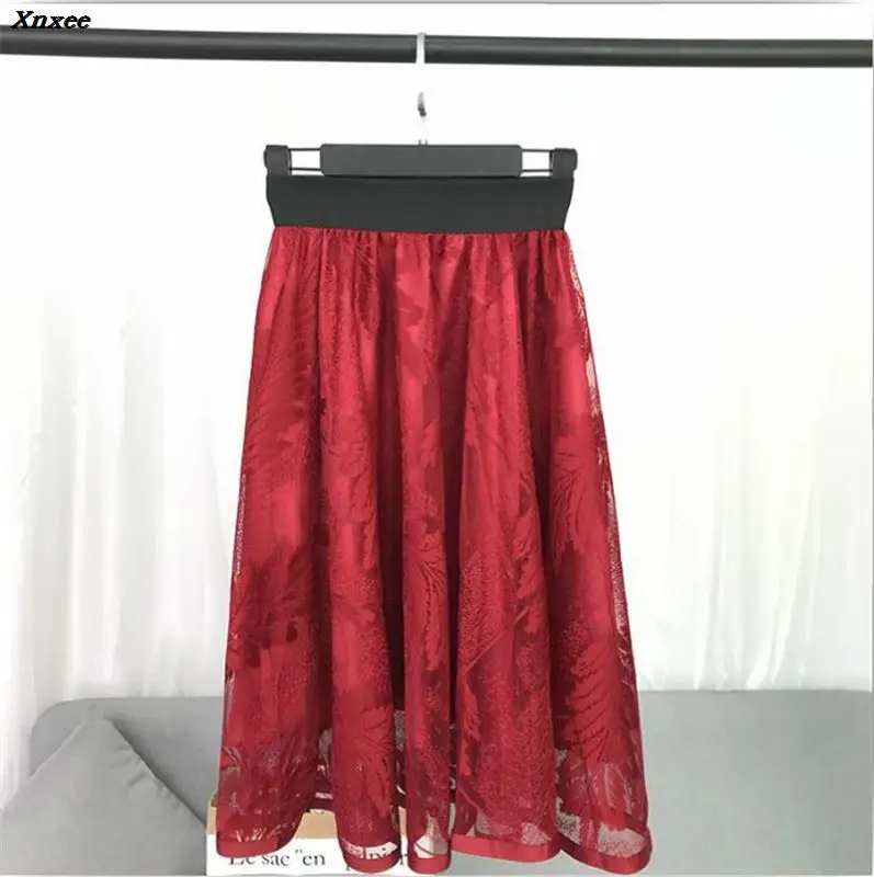 2018 neue Frühjahr Sommer Frauen Schwarz Rock Koreanischen Elastische Hohe Taille Spitze Röcke Süße Mesh Tüll Elegante Rock Falda Tüll xnxee