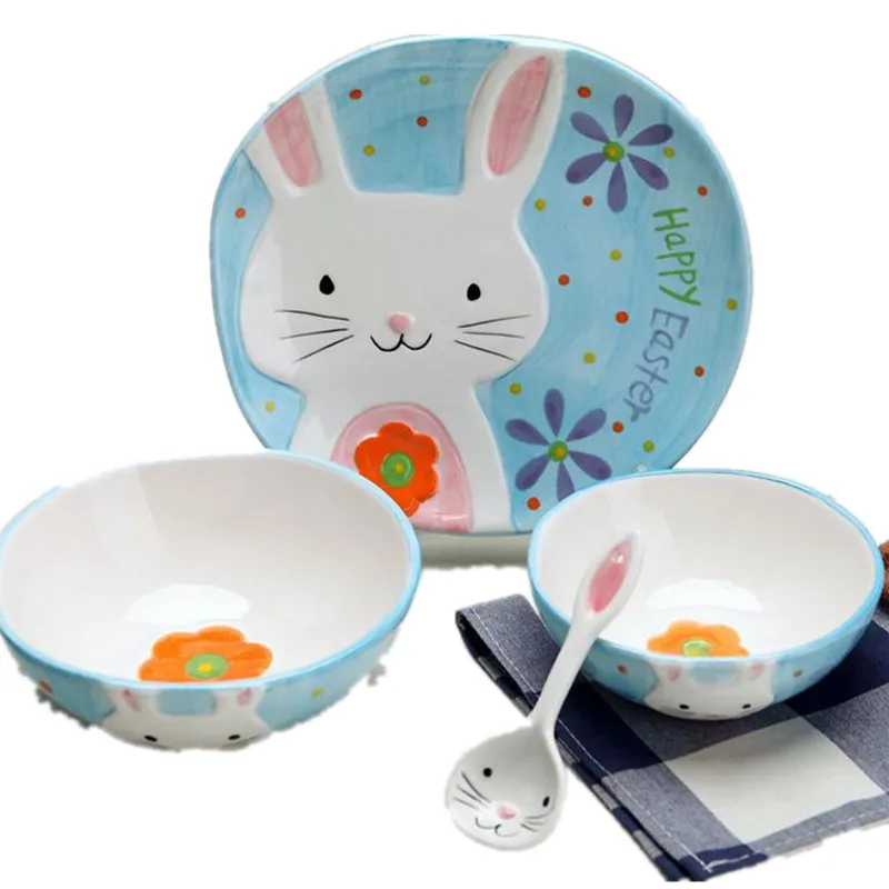 New  Cute children's animal tableware set  creative bowl  plate  cartoon  fruit ceramic bowl  tableware 4 pieces/sets ~