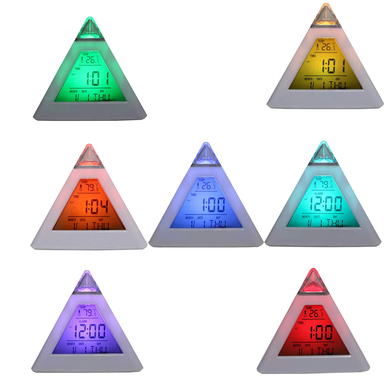 Triangle Pyramid Perpetual Calendar Thermometer Digital Alarm Clock Home Decoration Colorful Backlight Change Clock