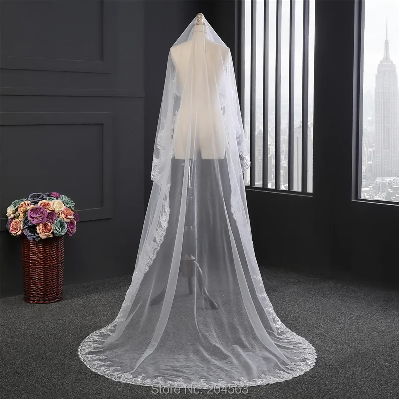 

White or Ivory Cathedral Veil One Layer Sequined Wedding Veils Lace Tulle Veil for Bride Without Comb HL