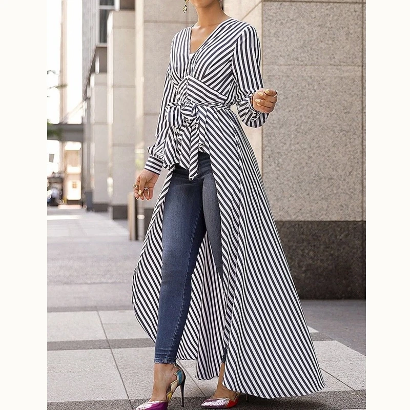 

wsevypo Women Shirts Dress Striped Asymmetrical Hem Chiffon Tops High Street Long Sleeve V-Neck High Waits Waistband Shirts