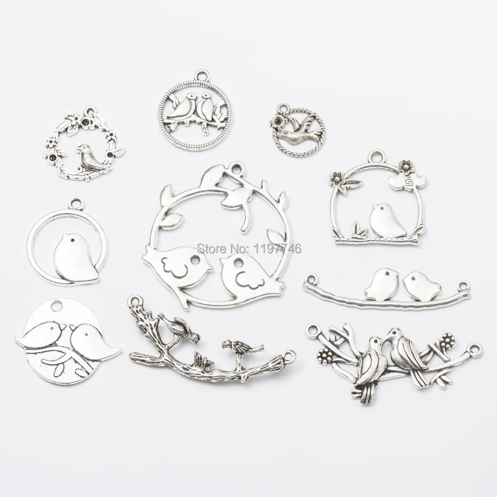 Love bird Charms 10pcs 26mm 39mm 45mm  Antique Silver Tone Great for Wedding Designs or jewelry accessories findings making