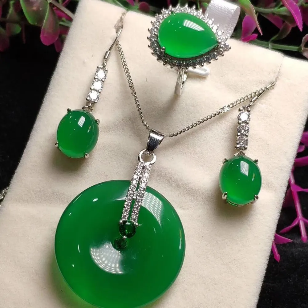 Koraba 3pcs 925 Sterling Silver Natural Lucky Donut Green Yellow Jade Gemstone Pendant Necklace Earrings Ring Women Jewelry Set