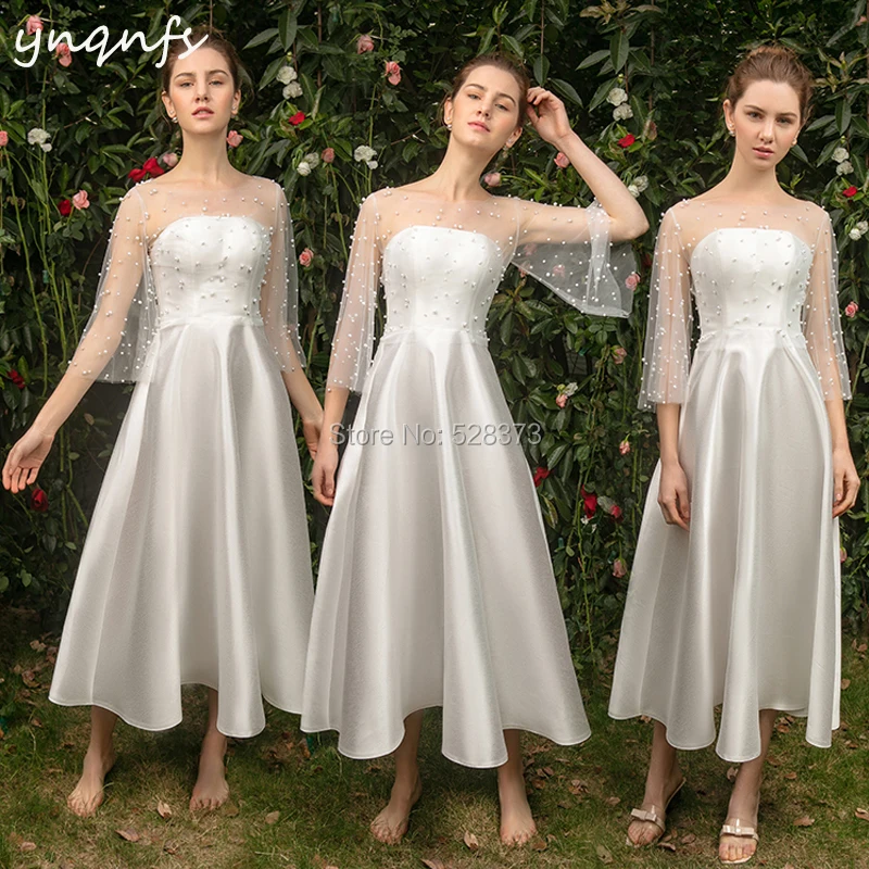 YNQNFS B3 Real Sample Pearls 3/4 Sleeves White Bridesmaid Dresses Satin Tea Length Wedding Guest Wear Party Gown Vestido Curto