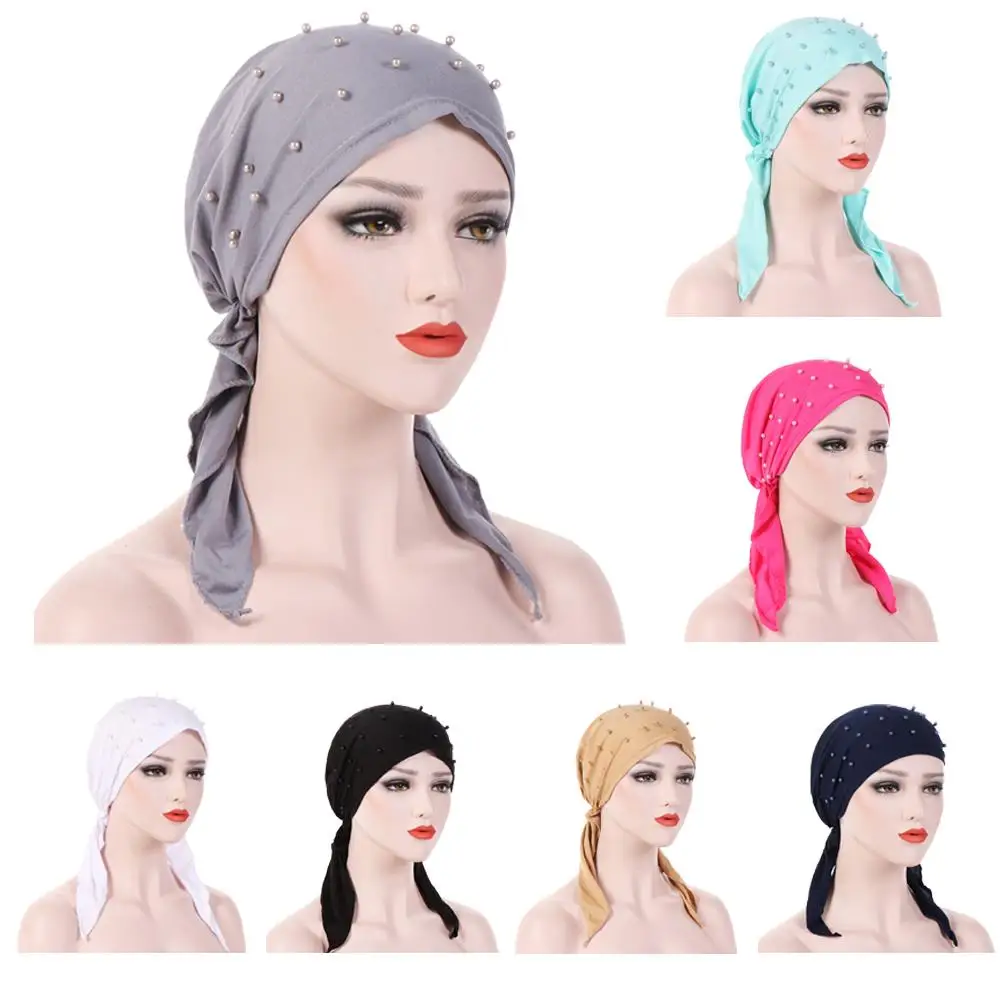 

Muslim Women Hijab Abaya Cancer Chemo Hat Inner Cap Pearls Hair Loss Head Scarf Turban Head Wrap Islamic Cap Long Tail Bandanas