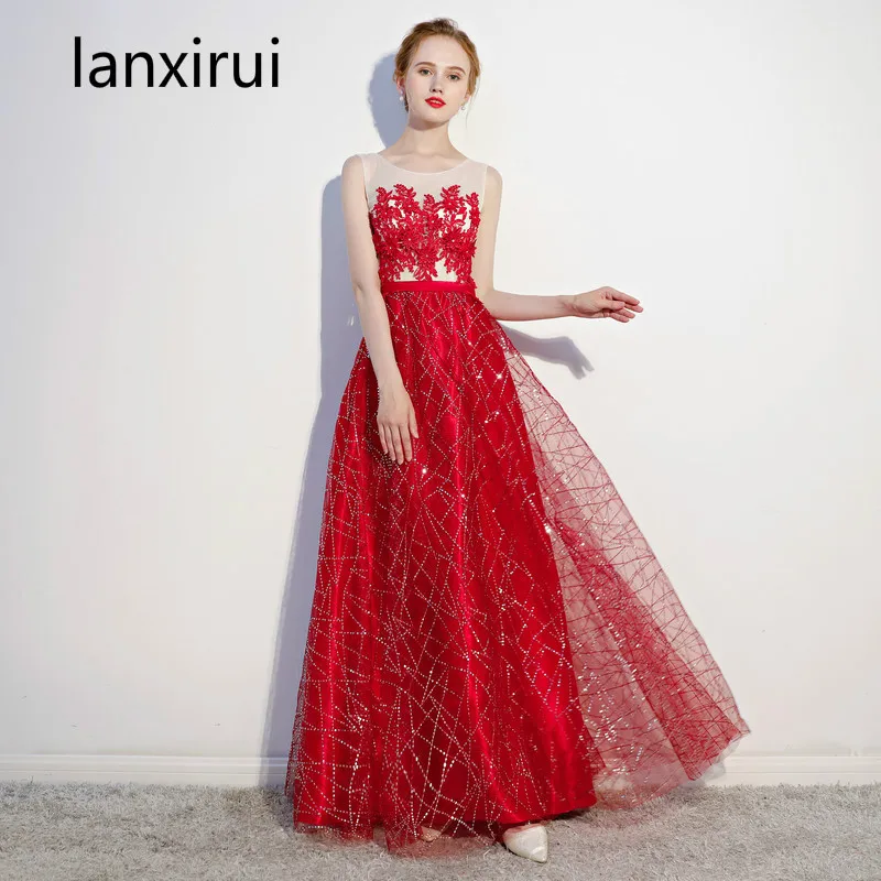 

Summer Lace Appliques Flowers Long night Dress Bride Banquet Elegant Floor-Length Party Lanxirui Dress Red wine Robe De Soiree