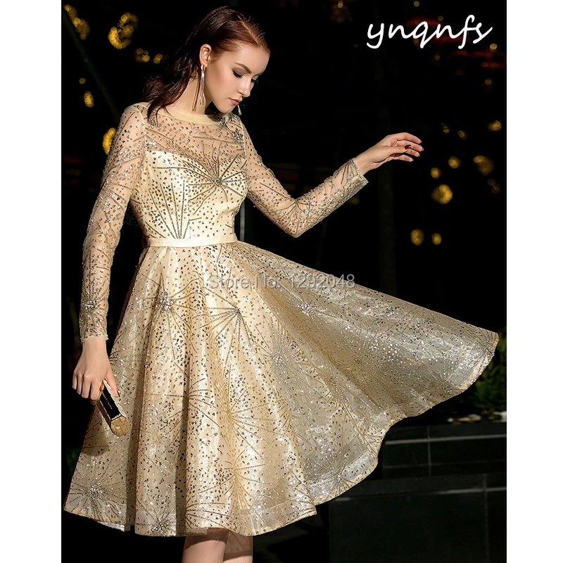 YNQNFS – Robe de Cocktail en tulle, Vintage, paillettes, Sexy, dos nu, manches longues, or, robes de fête, mère, 2020