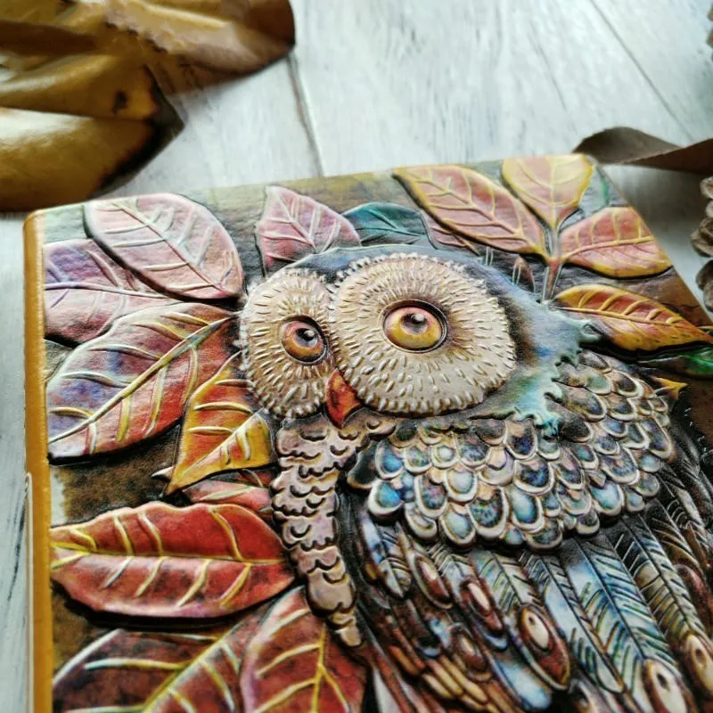 1PCS Vintage Thick Handmade Leather Carving Owl Notebook Journal Cute Sketchbook Paper Weekly Planner Accessories 01663