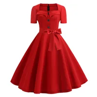Women Square Collar Elegant Vintage Summer Dress Short Sleeve Midi Dress Robe Femme Casual Office Party Dress