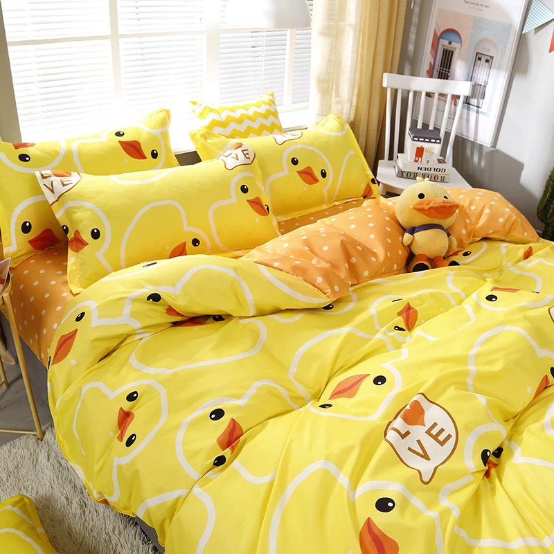 

High Quality Yellow Duck Cartoon Style Bedding Set Bed Linings Duvet Cover Bed Sheet Pillowcases Cover Set 4pcs/set 51