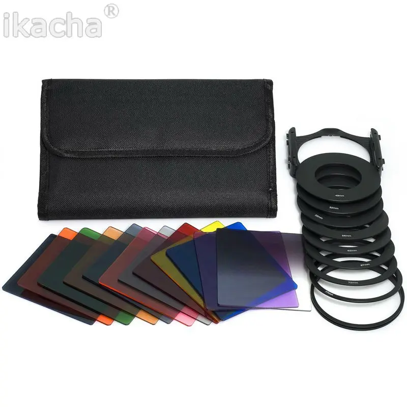 Anillo adaptador de Metal + juego de filtros para Cokin Serie P, 49, 52, 55, 58, 62, 67, 72, 77, 82mm, ND2, ND4, ND8, 16, Azul, Naranja, verde, 9 unidades