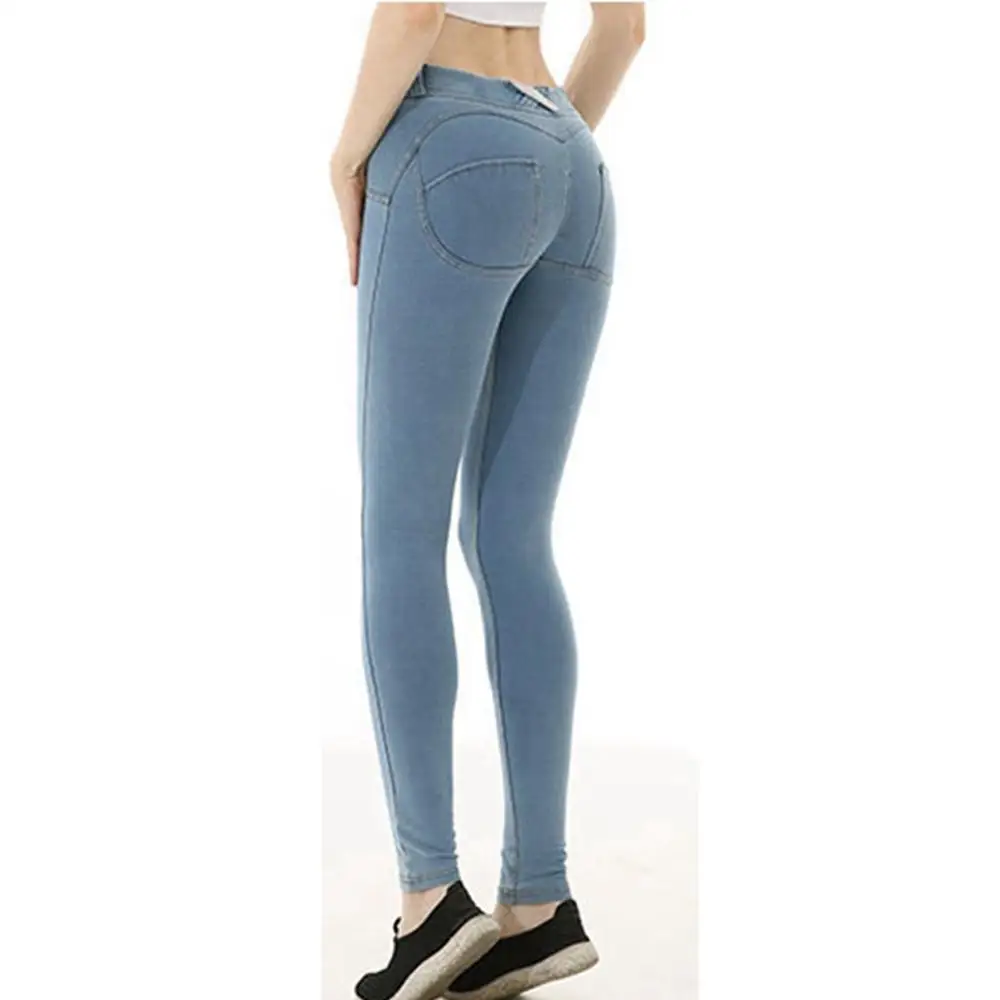 Yoga Pants Sexy Jean Blue Denim Stretchy Fitness Sport Leggings Seamless Leggings Solid Running Gym Tummy Control Tights