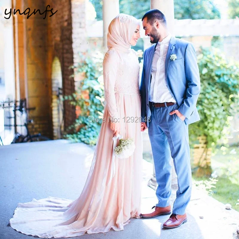 YNQNFS MW32 Formal Dress Party Gown High Neck Long Sleeve Lace Abiye Hijab Muslim Bridesmaid Dresses Chiffon