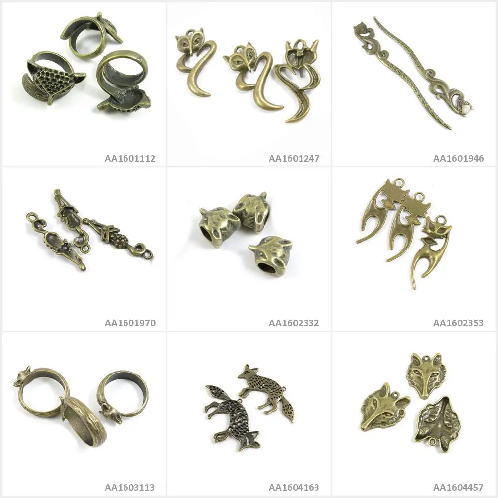 Antique Bronze Tone Jewelry Making Charms Fox Head Ring Cat Kitten Loose Beads Hairpin Hair Stick Bracelet Pendant Necklace