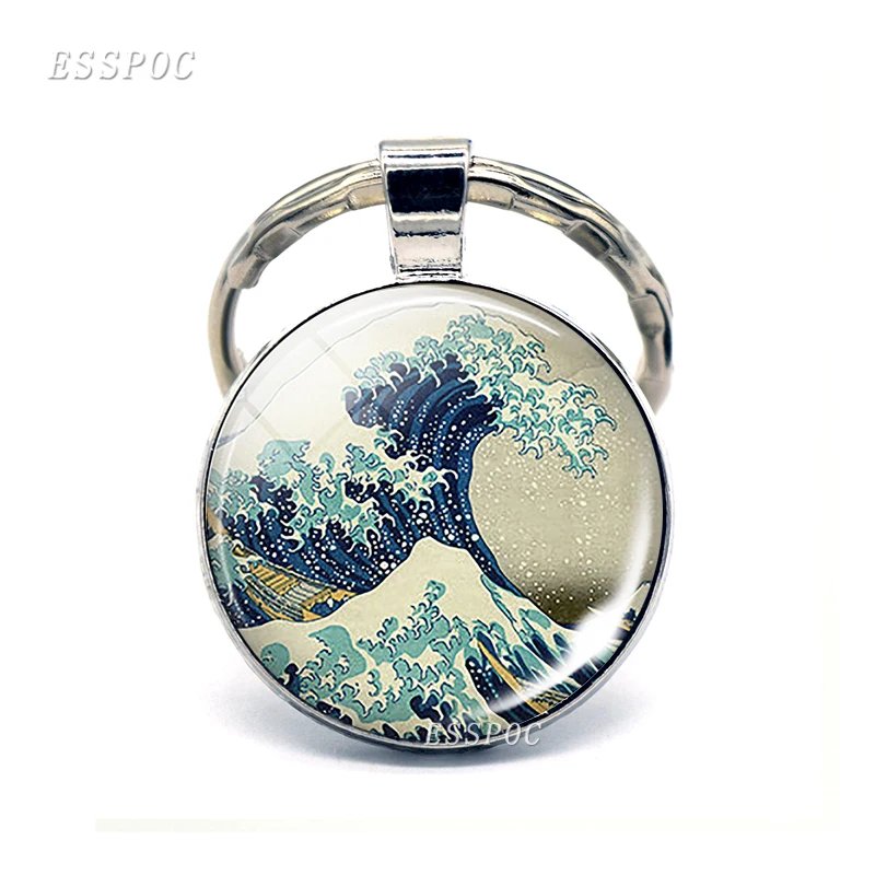 Great Wave At Kanagawa Art Keychain Surfer\'s Keyring Surfer\'s Retro Gift Surfer\'s Cabochon Glass Key Chain Ring Oil Painting