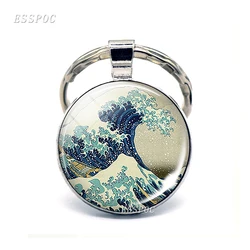 Great Wave At Kanagawa Art Keychain Surfer's Keyring Surfer's Retro Gift Surfer's Cabochon Glass Key Chain Ring Oil Painting