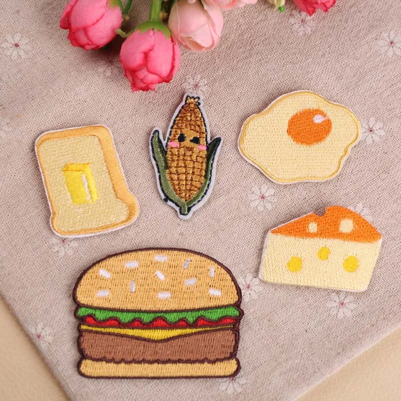 Poached Egg Hamburger cheese Bread Fruit Embroidery Corn Patches for Clothing Iron  Kids Clothes Appliques Badge Free Delivery