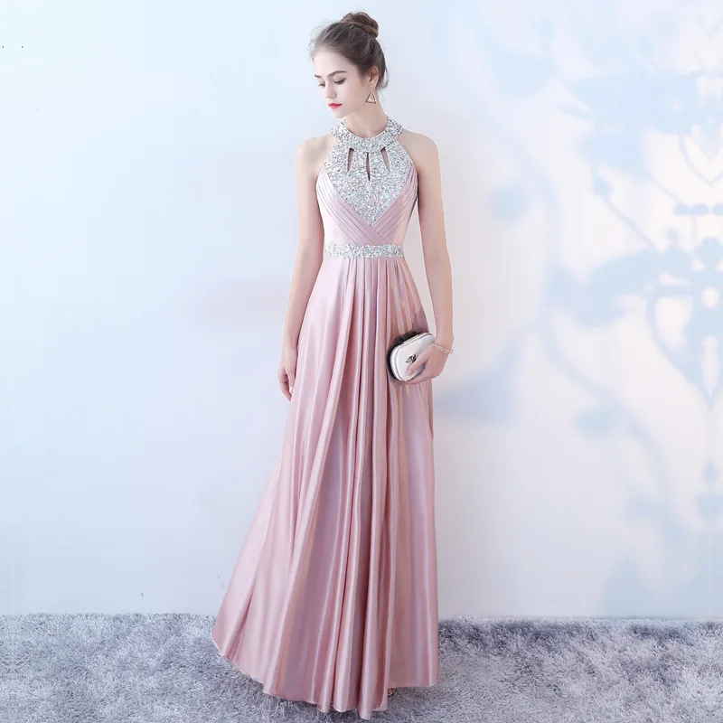 

Vintage Elegant Pink Sequin Party Dress Draped Pleated Maxi Dress Women Halter Dresses Woman Party Night Vestidos De Fiesta